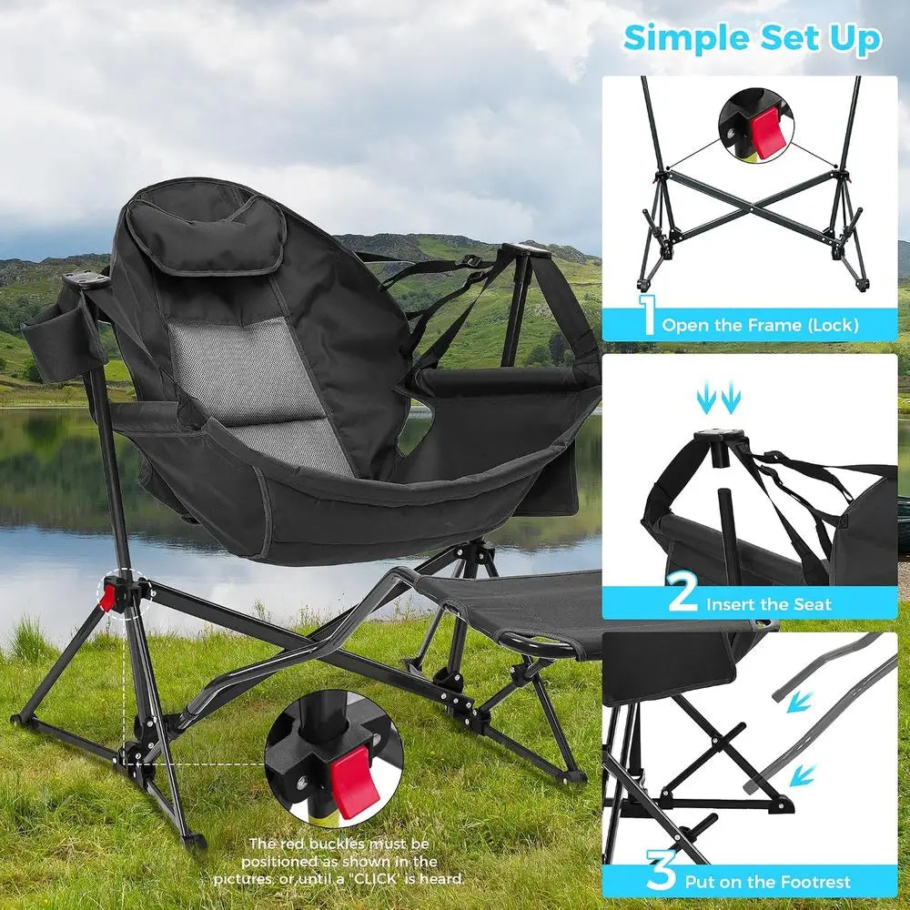 Premium Reclining Hammock Camp Chair With Footrest And Cup Holder