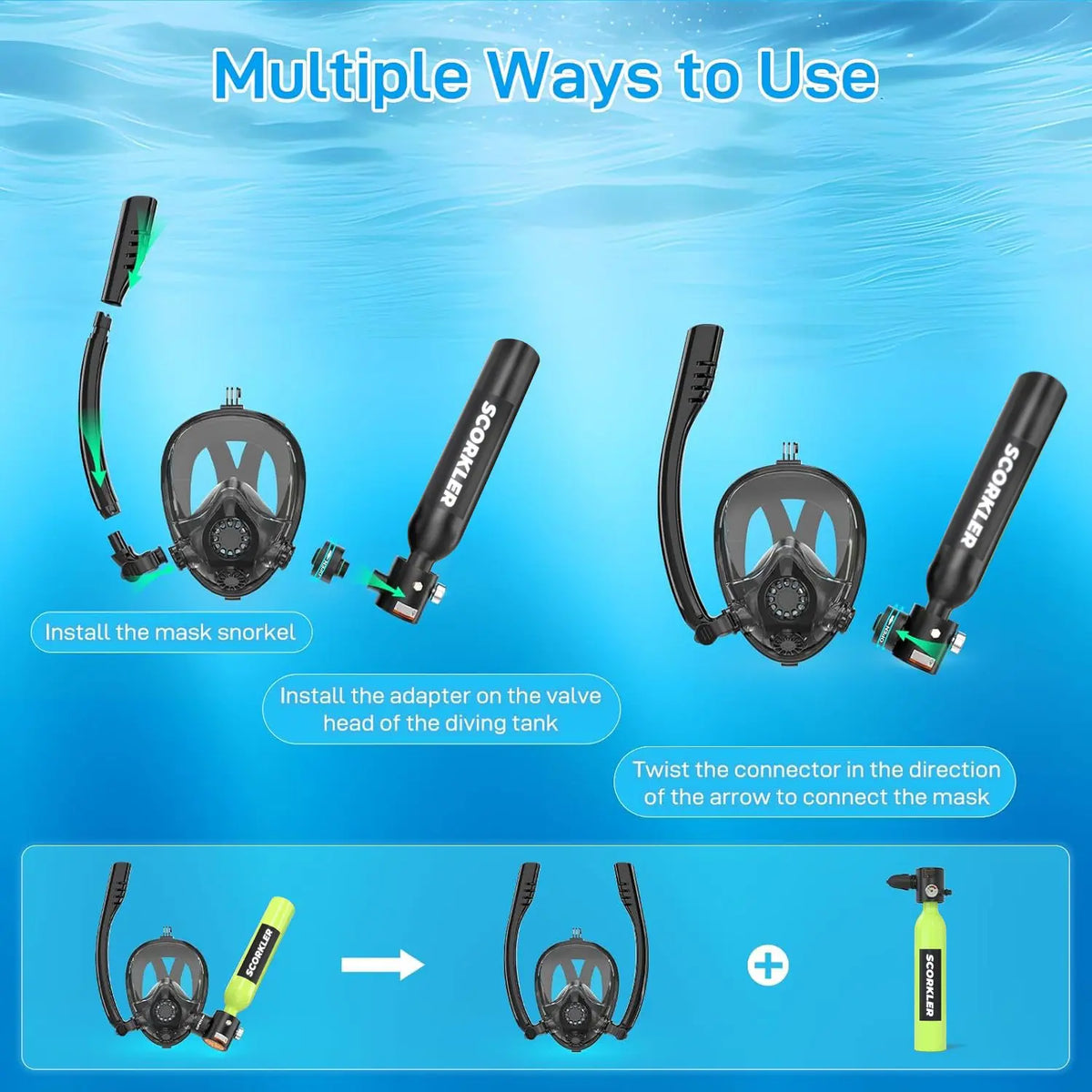 Scorkler Mini Scuba Diving Tank With Full Face Mask Pump