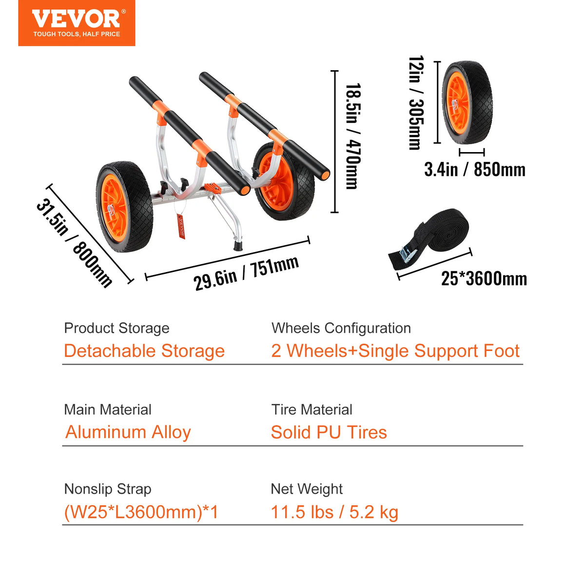 SucceBuy Detachable Kayak Cart With Adjustable Width And Solid Tires
