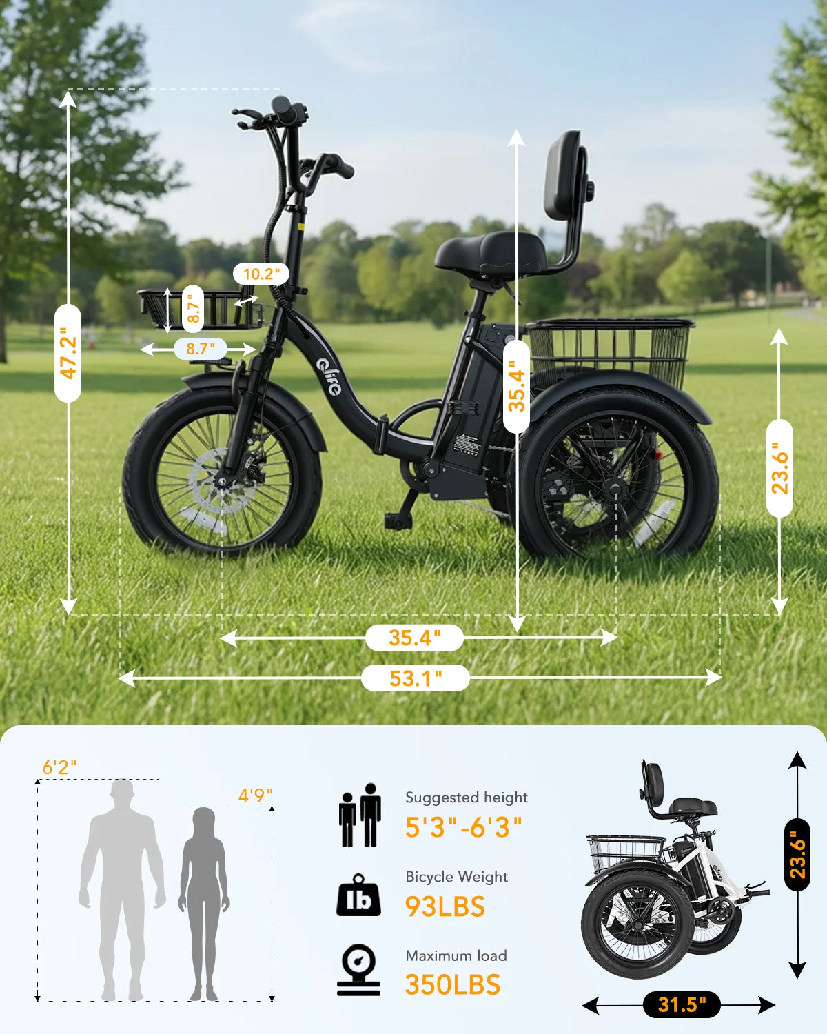 Qlife Triker 2.0 Folding Electric Trike 1200W Motor With Battery