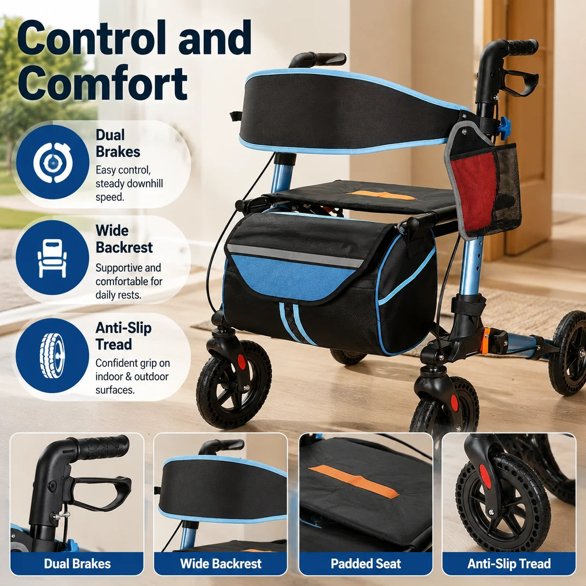 Lightweight Foldable Aluminum Rollator Walker With Seat And Backrest