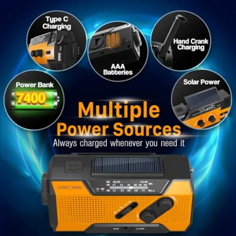 Portable Emergency Weather Radio With Power Bank Solar Hand Crank