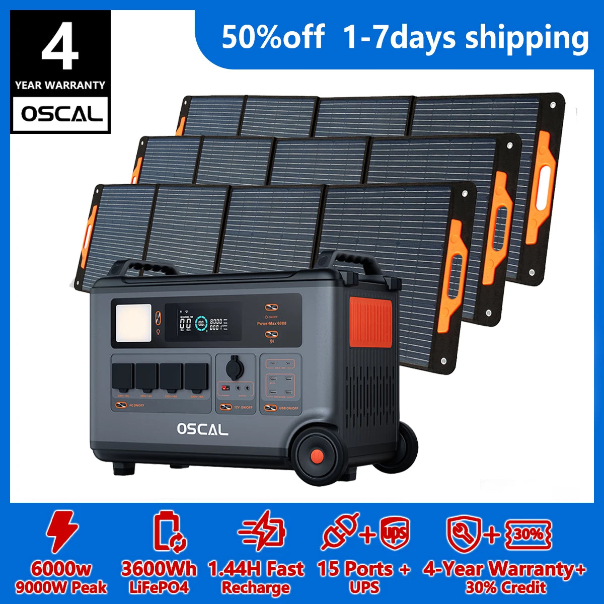 Oscal Powermax 6000W Solar Generator With 3600Wh Lifepo4 Battery