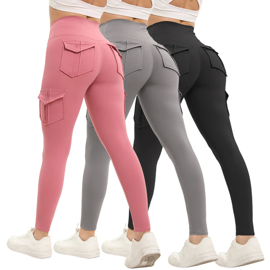 Women's High Waisted Nylon Leggings Practical Pockets Gym Yoga Pants