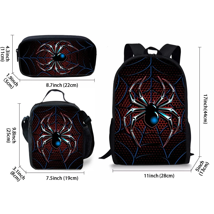 Spider Pattern Three Piece Backpack Set For Kids School Travel