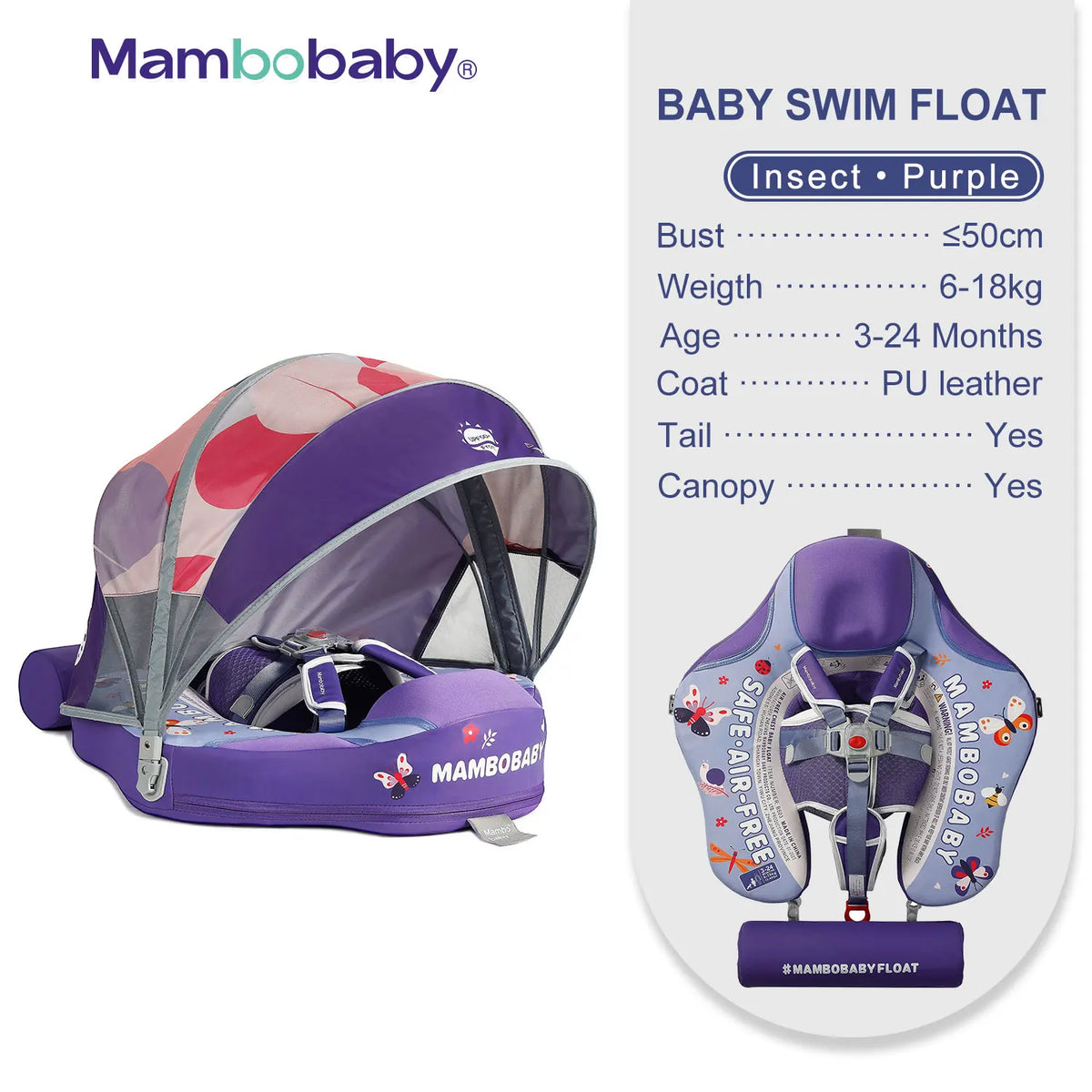 Mambobaby Non Inflatable Baby Swim Trainer With Removable Canopy