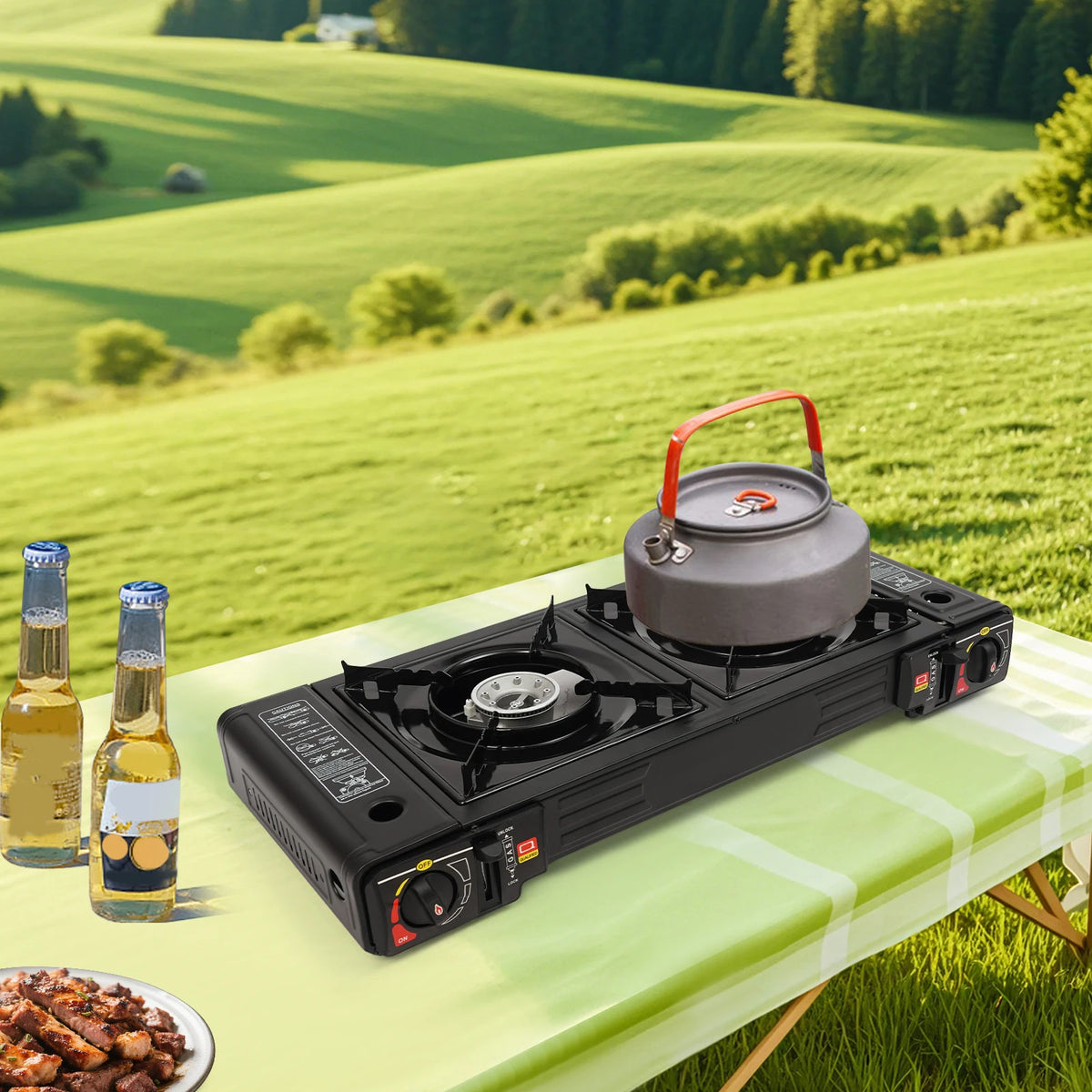 Portable Two Burner Gas Stove With Baking Tray And Case