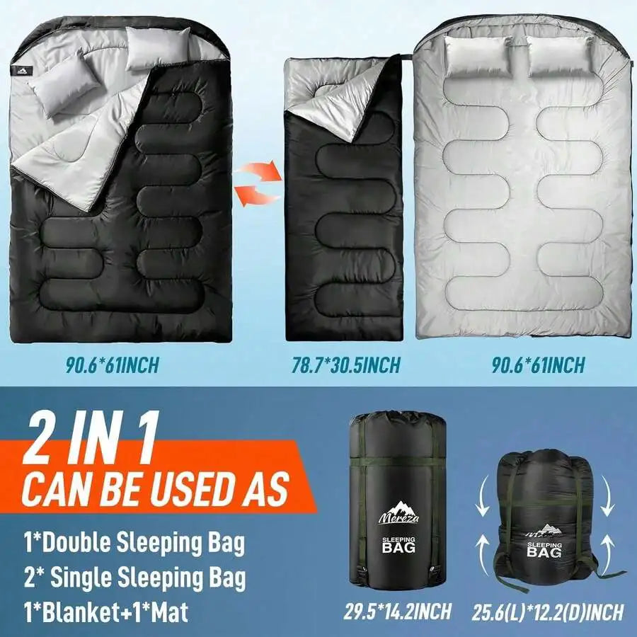 Double Sleeping Bag For Two Adults Cold Weather Camping Hiking
