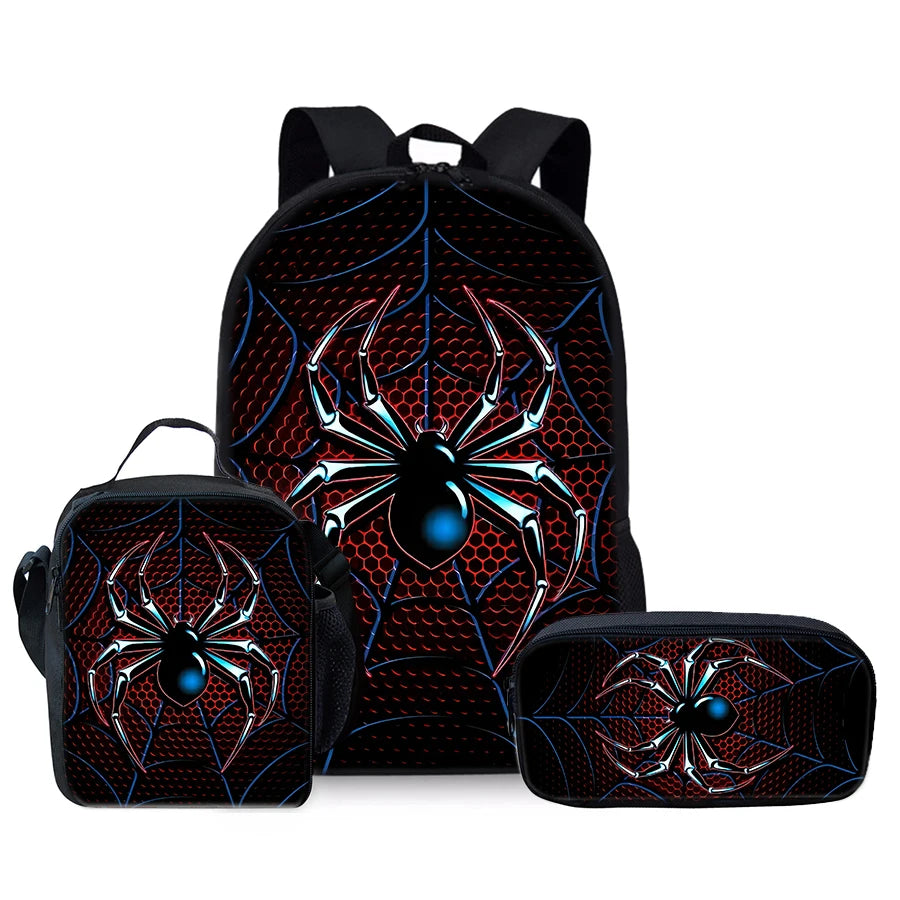 Spider Pattern Three Piece Backpack Set For Kids School Travel