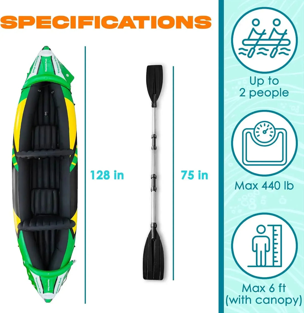 Inflatable Tandem Kayak With Detachable Sun Canopy And Adjustable Seats
