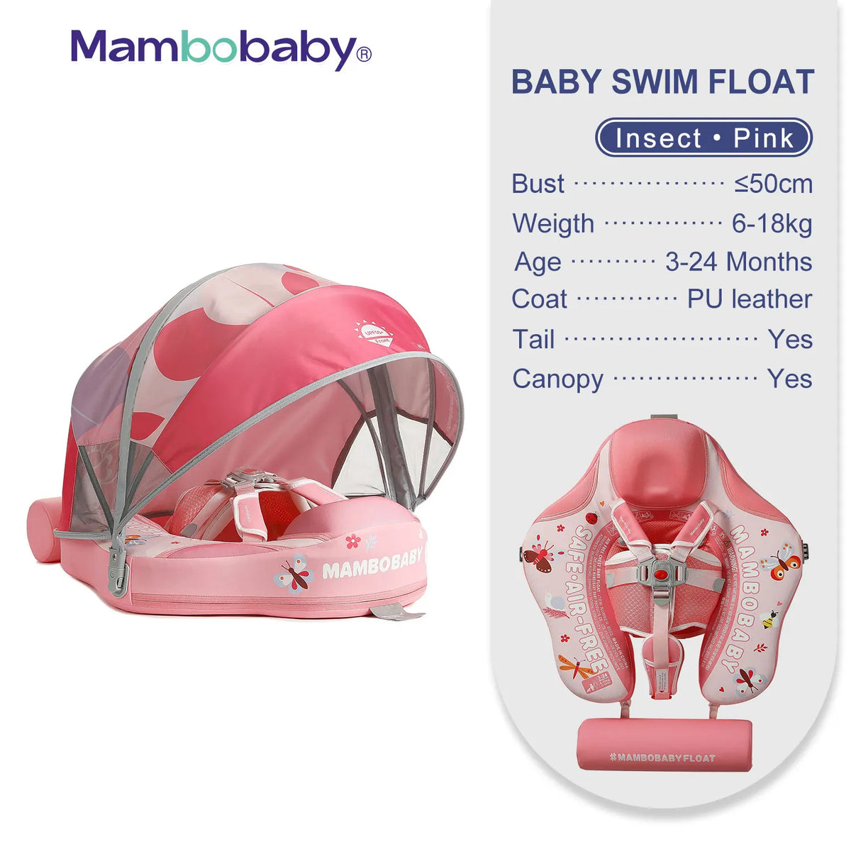 Mambobaby Non Inflatable Baby Swim Trainer With Removable Canopy