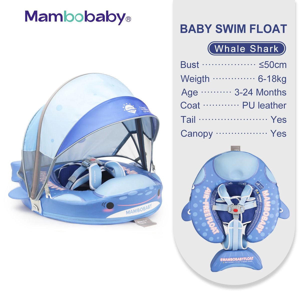 Mambobaby Non Inflatable Baby Swim Trainer With Removable Canopy