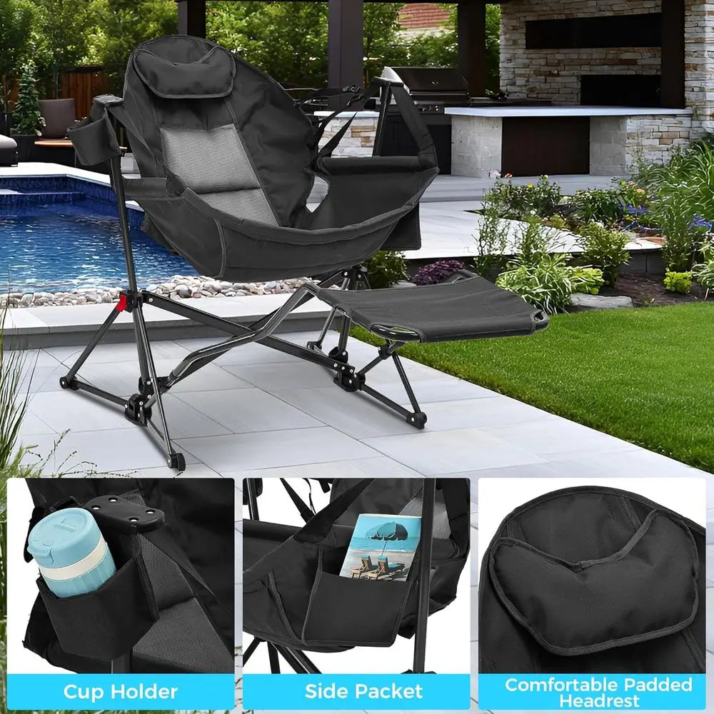 Premium Reclining Hammock Camp Chair With Footrest And Cup Holder