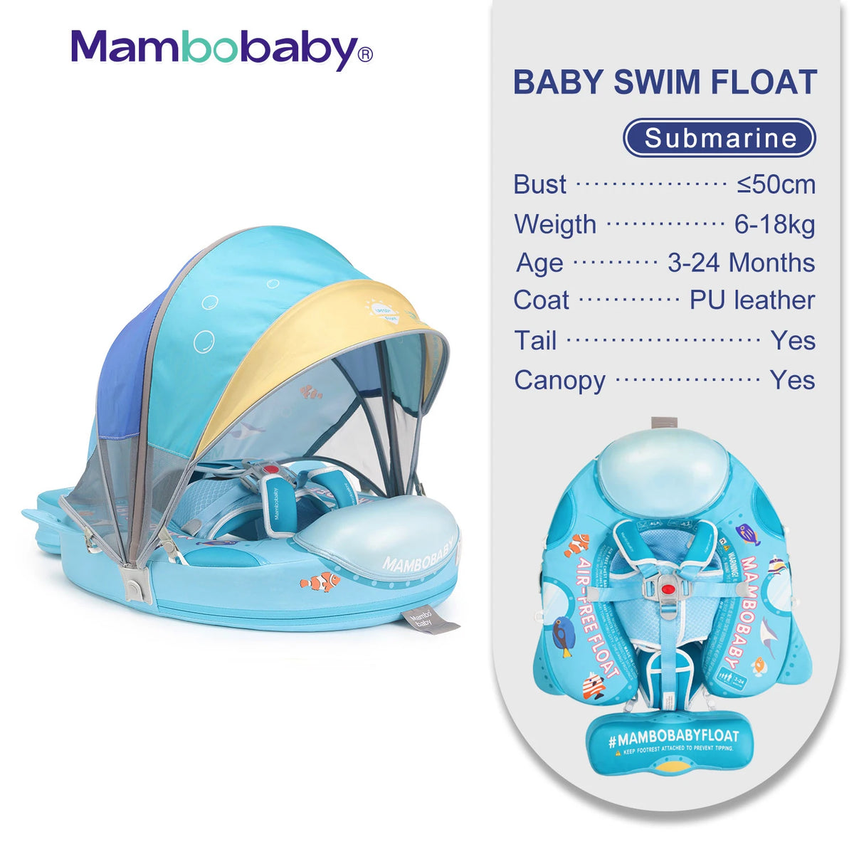 Mambobaby Non Inflatable Baby Swim Trainer With Removable Canopy