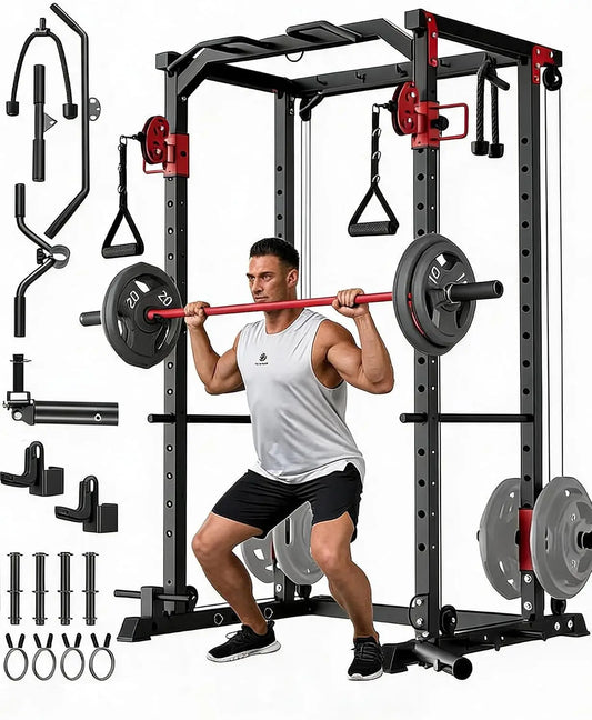 TACLEEKII Power Rack Dual Pulley Cable Squat Cage Home Gym