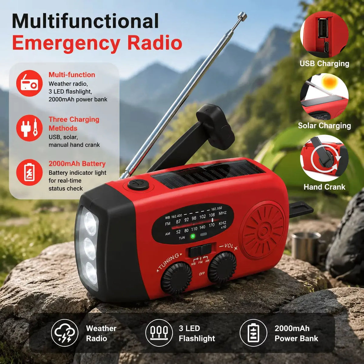Portable Solar Emergency Radio With Led Flashlight And Power Bank