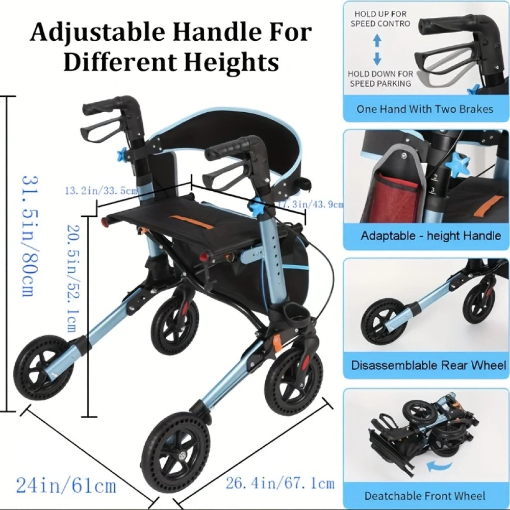 Lightweight Foldable Aluminum Rollator Walker With Seat And Backrest