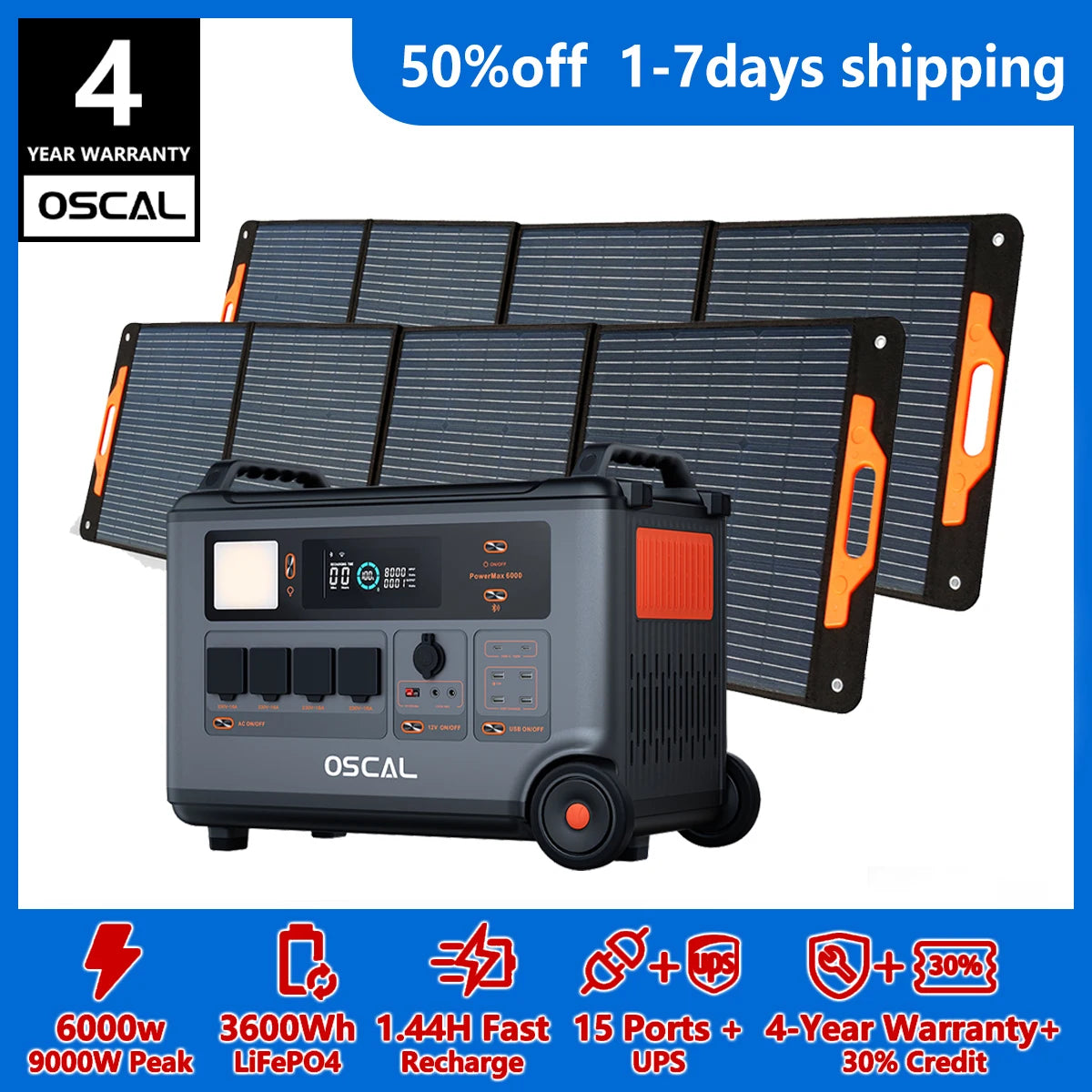 Oscal Powermax 6000W Solar Generator With 3600Wh Lifepo4 Battery