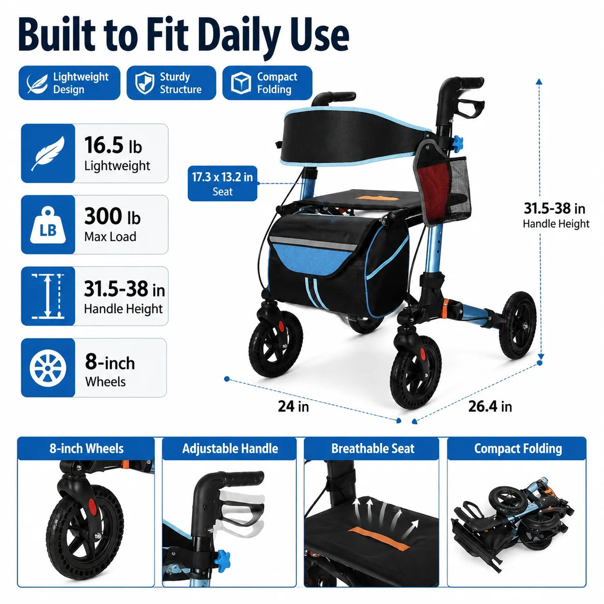 Lightweight Foldable Aluminum Rollator Walker With Seat And Backrest