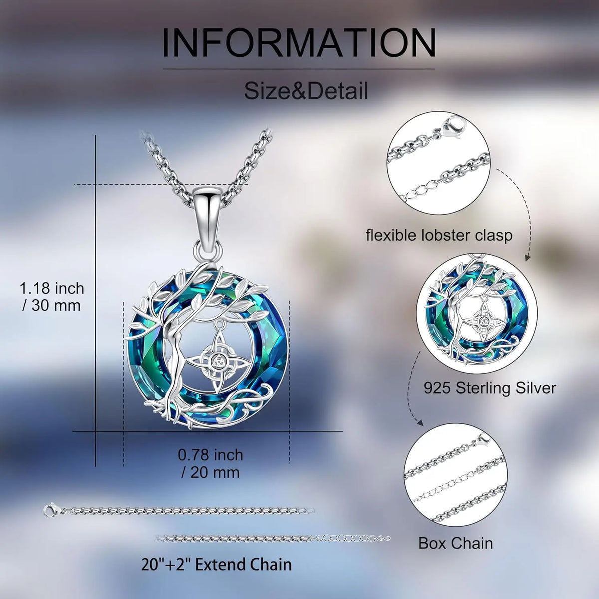 Drinsper 925 Sterling Silver Tree Of Life Crystal Circle Necklace