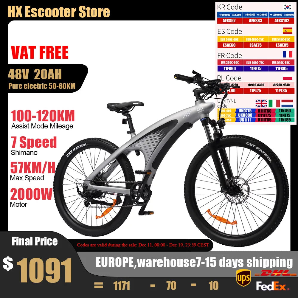 Huanci Q5 2000W Torque Sensor Electric Mountain Bike Removable Battery