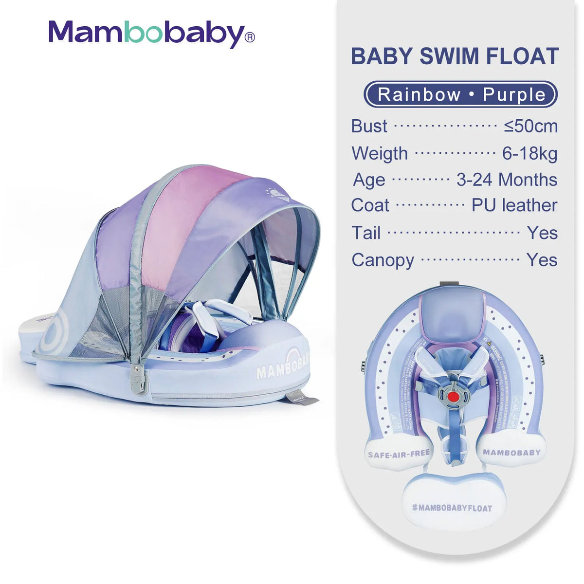 Mambobaby Non Inflatable Baby Swim Trainer With Removable Canopy