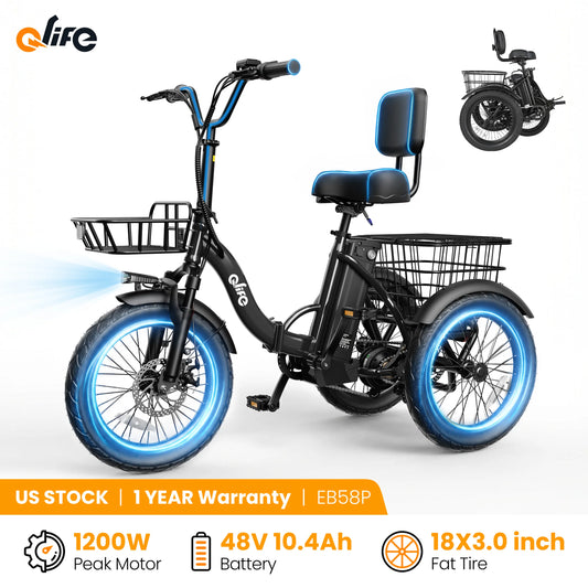 Qlife Triker 2.0 Folding E-Trike 1200W 48V 10.4AH Fat Tire