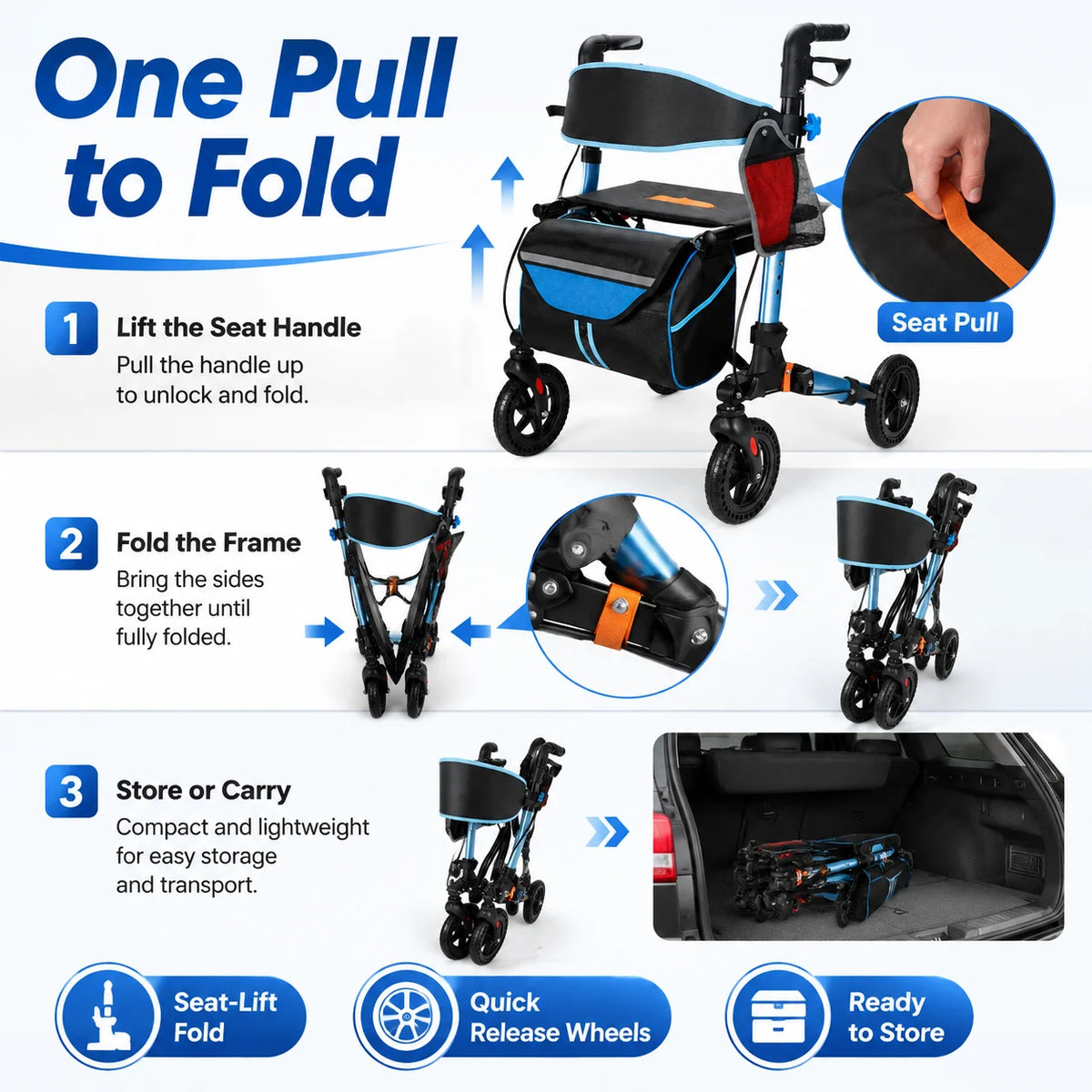 Lightweight Foldable Aluminum Rollator Walker With Seat And Backrest