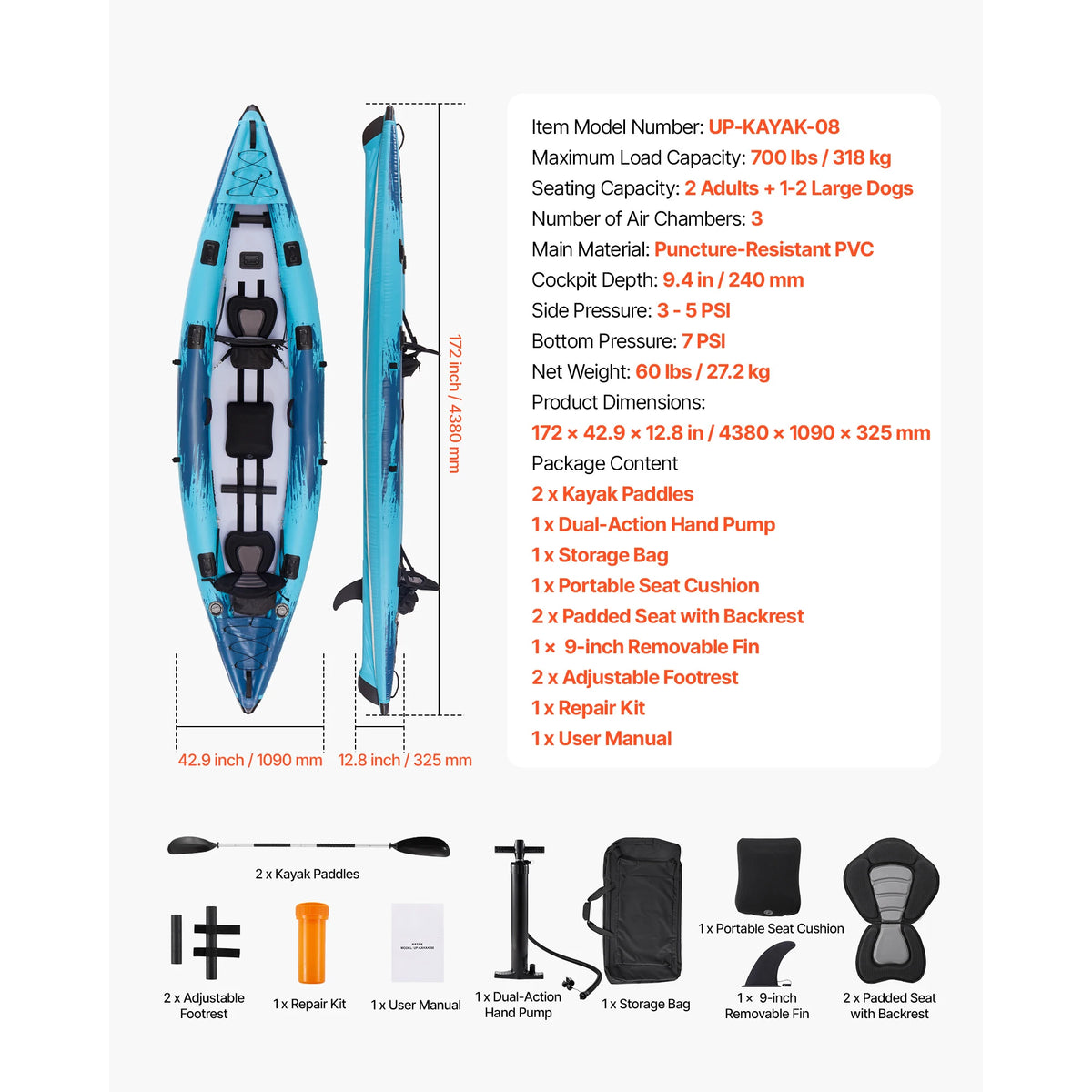 Two Person Inflatable Kayak With Padded Seats And Paddles